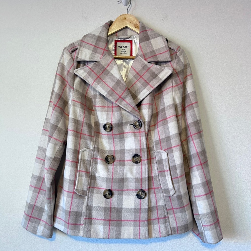 VTG‎ Old Navy Preppy Plaid Double Breasted Pea Coat Women's Large Wool Blend